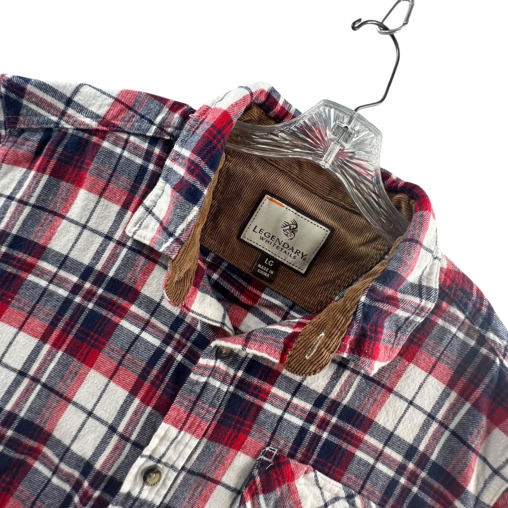 Legendary Whitetails Flannel Shirt Mens LG Red Plaid Corduroy Trim Long Sleeve